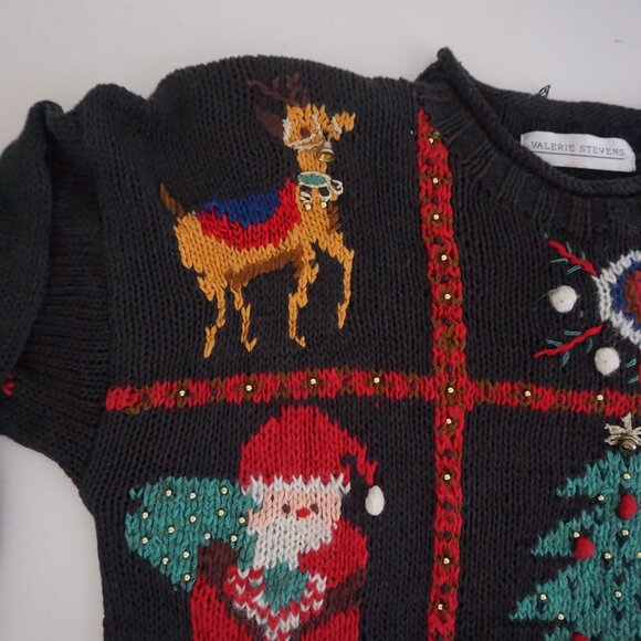 Vintage Valerie Stevens Christmas Sweater Patchwork Tree Reindeer Angel Knit M - Picture 9 of 11